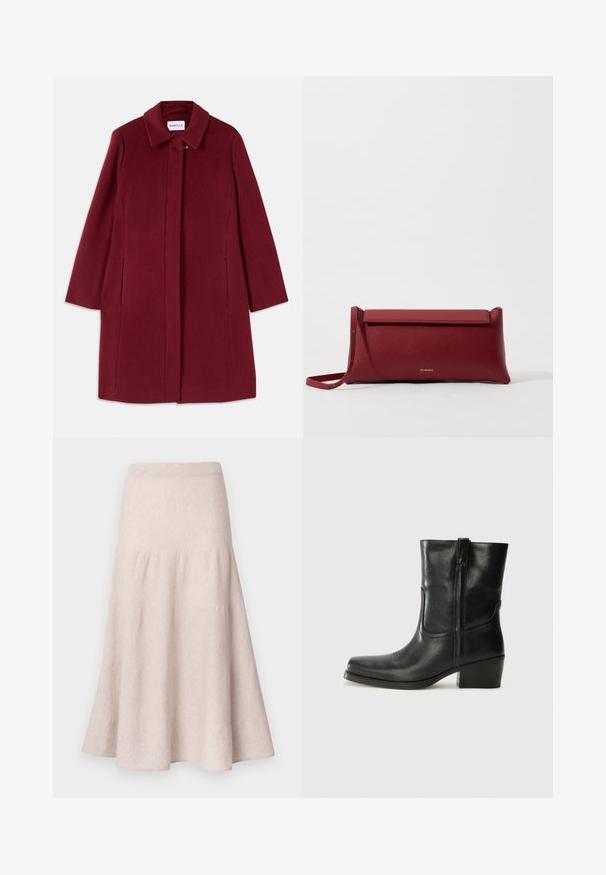 Burgundia villane jakk sirge disainiga, täispikkade varrukatega, küljetaskute ja lõikekaariga. Omab esitasku lukku.; Must must vest, mille õhukeste spagettiratastega, ribakanga materjalist, sirge lõikega ja kaela piirkonnas sildi "IVY OAK".; Helebeežist heleroosa väljapõlvikuga seelik, valmistatud pehmest kangast, millel on kõrge vöökoht ja kogutud disain koos voolava siluetiga.; Musta nahast pahkluu saabas ümarate varvastega, plokknäppu, külgsepa ja pealsetel õmblusest aktsentidega. Sile tekstuur, klassikaline disain.; Punane nahkne käekott tekstuuriga viimistlusega, millel on lame voltimisosa ja lühike rihm. Pehme brändi logo ees.