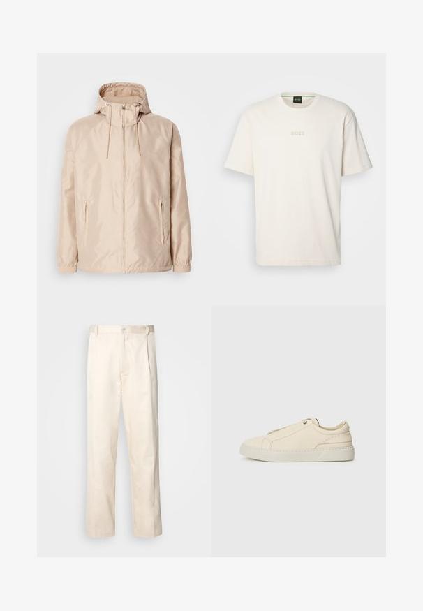 Béžová ľahká bunda s kapucňou, obsahujúca plný zips, dve bočné vrecká, elastické manžety a jemný embosovaný vzor s logom.; BOSS TEE - Základné tričko - open white; Béžové bavlnené nohavice so strihom rovného nohu, s gombíkovým zapínaním a záhybmi vpredu pre pridanie detailu.; Beige kožené tenisky s okrúhlou špičkou, minimalistickým dizajnom, jemnými švy a textúrovaným povrchom, na svetlej podrážke.