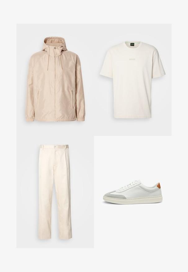 Beżowa, lekka kurtka z kapturem, z pełnym zamkiem błyskawicznym, dwoma bocznymi kieszeniami, elastycznymi mankietami oraz subtelnym wzorem wytłoczonym z logo.; BOSS - T-shirt basic; Beżowe bawełniane spodnie o prostym kroju nogawki, z zapięciem na guziki i plisami z przodu dla dodatkowego zdobienia.; Białe skórzane tenisówki z szarymi zamszowymi akcentami oraz brązowym skórzanym zapiętkiem. Posiadają teksturowaną powierzchnię i lekką podeszwę.
