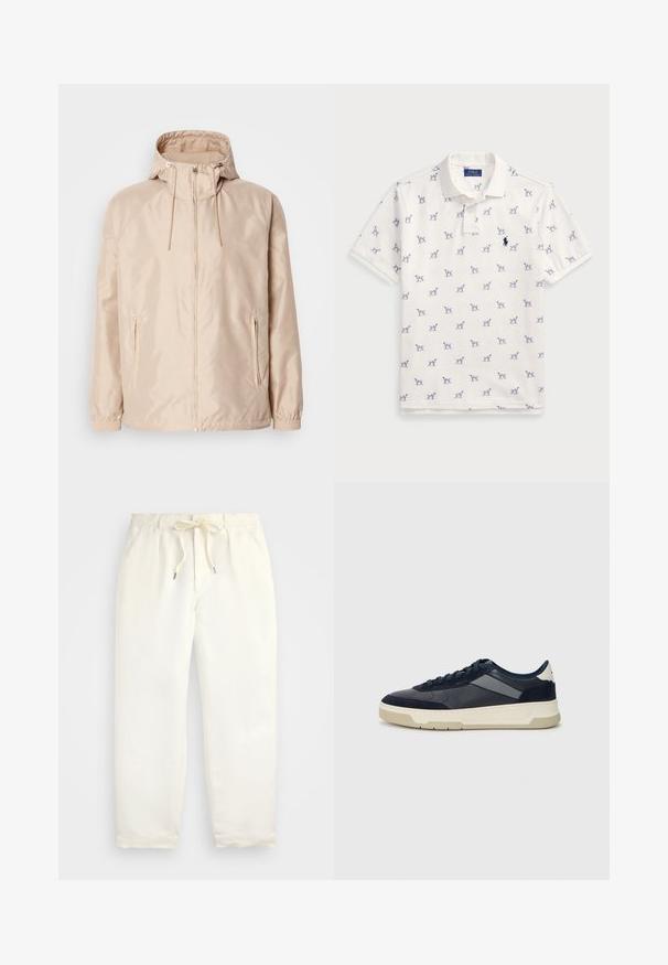 Beez värvi kerge jope kapuutsiga, täis- tõmblukuga, kahe küljetaskuga, elastsete mansettidega ning diskreetse reljeefse logoga.; Valge puuvillane polo särk, millel on korduv sinine koera muster ja väike sinine logo rinnal. Lühikesed varrukad ja krae.; Hele kreemjad, mugavad püksid pehmest kangast. Omavad elastset vöökohta stringiga ning kitsenevat jala disaini.; BOSS BALTIMORE - Tossud - open blue