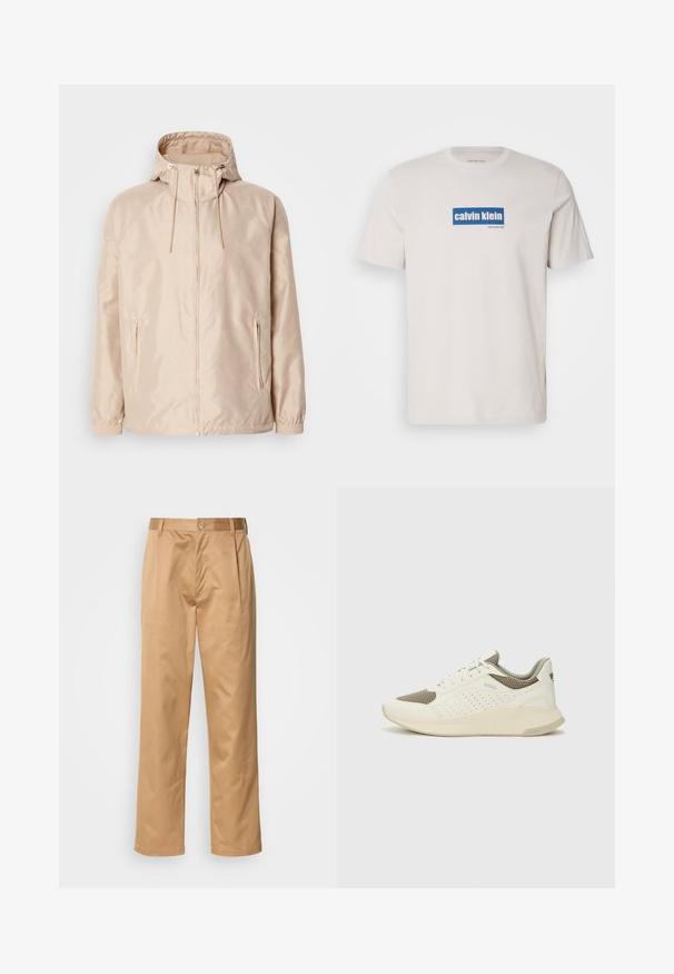 Jaqueta leve beige com capuz, apresentando um fecho de correr completo, dois bolsos laterais, punhos elásticos e um padrão de logótipo em relevo sutil.; T-shirt de algodão branco com um logotipo retangular azul com "calvin klein" e "new york city" em texto branco na parte da frente. Corte clássico.; Calças caqui, mistura de algodão, design de pernas retas, pregas frontais, passantes para cinto e fecho com botão. Textura suave sem padrões.; Sapatilha atlética branca e bege claro, com parte superior em malha, detalhes perfurados e uma entressola texturizada com marcação no calcanhar.
