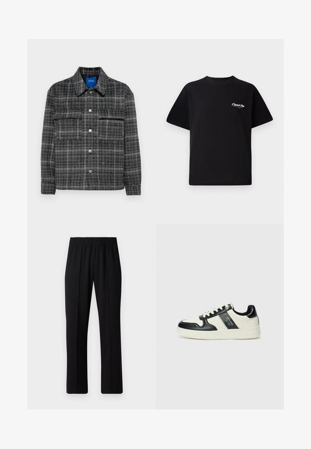 Grau kariertes Jacket mit einem Knopfverschluss, zwei Brusttaschen und einem Kragen. Weicher, strukturierter Stoff mit Knöpfen in Silberoptik.; Schwarzes Baumwoll-T-Shirt mit Rundhalsausschnitt, kurzen Ärmeln und kleinem weißen Logotext auf der linken Brust. Schlichtes Design, klassischer Schnitt.; Schwarze, Gummibund-Hosen mit geradem Schnitt, die eine glatte Textur aufweisen und keine sichtbaren Muster oder Beschläge haben.; Leder-Sneaker in Schwarz- und Cremetönen, mit perforierten Akzenten, einem gepolsterten Kragen und einer strukturierten Laufsohle.