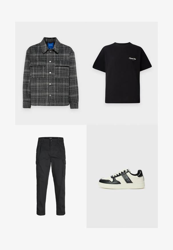 Grå rutete jakke med knapping foran, to brystlommer og krage. Myk, strukturert stoff med sølvfargede knapper.; Svart bomull t-skjorte med rund hals, korte ermer og liten hvit logo-tekst på venstre bryst. Enkel design, klassisk passform.; Sorte cargo bukser laget av slitesterkt stoff, med flere lommer, knappelukking og en slim fit-design med avsmalnede ben.; Lædersneakers med sort og creme farveskema, der har perforerede detaljer, en polstret krave og en struktureret ydersål.