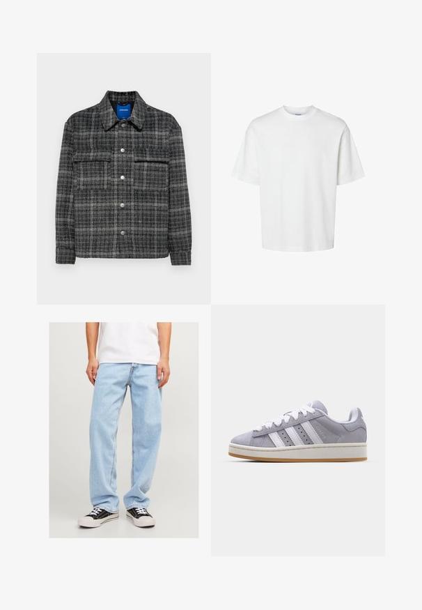 Giacca a quadri grigia con chiusura a bottoni, due tasche sul petto e colletto. Tessuto morbido e strutturato con bottoni in tonalità argentea.; T-shirt bianco in cotone con maniche corte, scollo rotondo e vestibilità rilassata. Texture liscia senza pattern o dettagli visibili.; Jeans in denim azzurro chiaro con vestibilità comoda, caratterizzati da un design a gamba dritta e cuciture standard, abbinati a sneaker nere.; Sneakers in suede grigio con strisce bianche, punta rotonda e suola in gomma. Presentano perforazioni laterali e una linguetta sul tallone testurizzata.