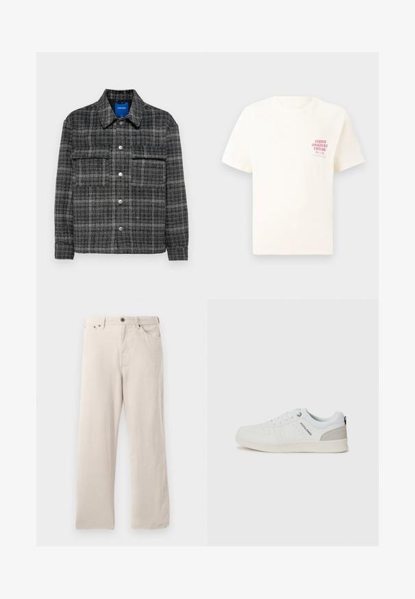 Sivi karirasti jakna z gumbnim zapiranjem spredaj, dvema žepoma na prsih in ovratnikom. Mehka, teksturirana tkanina s srebrnimi gumbi.; Bela majica s kratkimi rokavi z rdečim napisom "Studio Originals Edition" na levi strani prsnega koša, prikazana na nevtralnem sivo backgroundu.; Bež plisse hlače s ravnim krojem, z ribasto teksturo, petimi žepnimi detajli in zapiranjem na gumb.; Bele športne copate bele barve z perforiranim dizajnom in svetlo sivimi poudarki, ki vključujejo vezalke in blagovno znamko na strani, prikazane na enotnem ozadju.