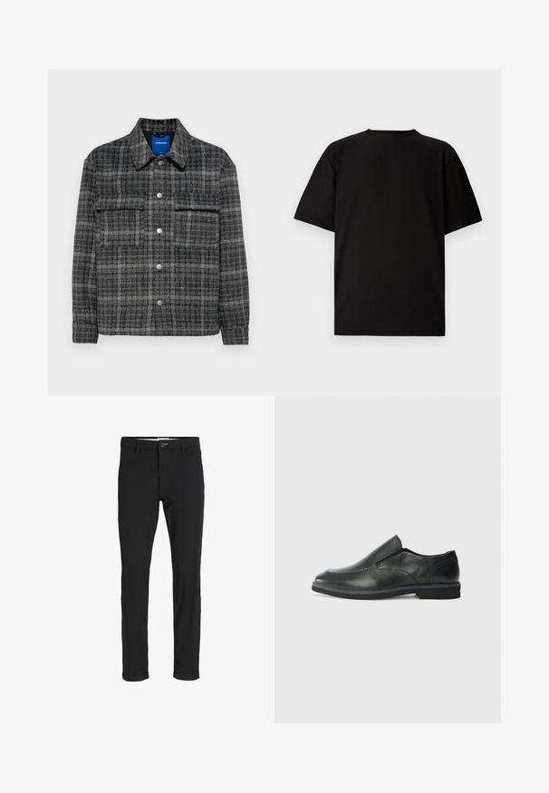 Sivi karirani sako s dugmetima sprijeda, dva džepa na prsima i ovratnikom. Mekana, strukturirana tkanina s dugmadi u srebrnoj nijansi.; Crni kratki rukav T-shirt izrađen od rebrastog materijala. Ima okruglu izrezanu vratnicu i opušten kroj s glatkom teksturom. Samo stražnji pogled.; Crne hlače od pamuka sa slim fit krojem, s kopčanjem na dugme, džepovima i zavrnutim rukavima za ležeran izgled.; Crne kožne cipele na sklapanje s glatkom gornjom površinom, prošivenim detaljima, zaobljenim vrhom i niskim gumene potplate. Potplat ima minimalne uzorke.