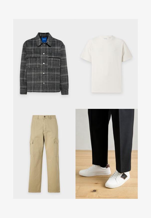 Sivá károvaná bunda s predným zapínaním na gombíky, dvoma vreckami na hrudi a golierom. Mäkka, štruktúrovaná tkanina so striebornými gombíkmi.; Biela krátka tričko s krátkym rukávom so žebrovanou textúrou. Okrúhly výstrih, uvoľnený strih, žiadne viditeľné vzory ani akcenty. Jednoduchý a všestranný dizajn.; Bežové cargo nohavice vyrobené z bavlny, s dvoma bočnými vreckami, zapínaním na gombík a rovným strihom s mierne textúrovanou tkaninou.; Biele tenisky s hladkým povrchom, s hnedými koženými akcentmi a čiernymi detailmi, spárované s čiernymi elegantnými nohavicami. Pozadím je drevená podlaha.