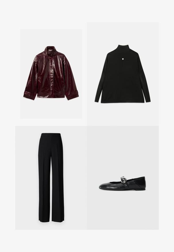 Glanzend donker bordeaux leren jack met hoge kraag, sluiting met drukknopen aan de voorkant, zijzakken en verstelbare drukknopen bij de manchetten.; Zwart coltrui met lange mouwen, voorzien van een klein wit hartembleem op de borst. Zacht materiaal en een ontspannen pasvorm.; Zwarte wijde broek met een gladde textuur, voorzien van een hoge tailleband en middelste plooien. Geen zichtbare patronen of hardware-details.; Zwarte leren balletschoenen met een spitse neus, voorzien van een band met een ronde metalen gesp en een platte zool.