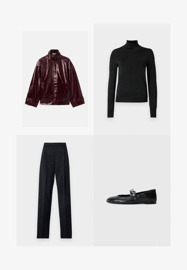 Läikiv tume burgundi nahkjakk kõrge krae, ees näpupeenise sulgemisega, küljetaskutega ja reguleeritavate näpupeenise mansetiga.; Mustmusterta mustaga pikkade varrukatega kõrge kaelusega sviiter, millel on ribakudumisega mansetid ja äär, esitatud lihtsal valgel taustal.; Mustad püksid siledast kangast, millel on kõrge vöökoht, laiad jalad, esimesed kortsud ja klassikalised vööloopid. Küljepockets pole nähtavad.; Mustadest nahast balleti kingad terava varbaga, millel on rihm ümmarguse metallist pandlaga ja lame tald.