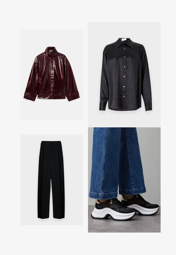 Lesklá tmavo-burgundská kožená bunda s vysokým golierom, predným zapínaním na cvočky, bočnými vreckami a nastaviteľnými cvočkovými manžetami.; Čierna košeľa s dlhým rukávom a golierom, s pokrčenou textúrou, plne gombíkovou prednou časťou a manžetami. Vyrobená z hladkého materiálu.; Čierne široké nohavice s vysokým pásom, so skladmi a hladkou textúrou. Tkanina vyzerá ľahko a elegantne sa drapuje.; Čierne a zlaté tenisky s krivou bielou podrážkou. Textúrovaná látka s logotypovými akcentmi. Kombinované so širokými modrými rifľovými nohavicami.