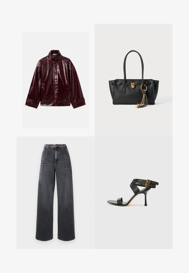 Kiiltävä tumman viininpunainen nahkatakki, jossa on korkea kaulus, edessä napitettava suljintoiminto, sivutaskut ja säädettävät napilla kiinnitettävät hihansuut.; Vaaleansininen raidallinen T-paita, jossa on lyhyet hihat, pyöreä pääntie ja ribbikuvio. Paita esittelee vaihtelevia ohuita valkoisia ja sinisiä raitoja.; Korkeavyötäröiset leveälahkeiset farkut tummanharmaasta denimistä, joissa on haalistuneita yksityiskohtia, edessä nappisulku ja perinteinen viiden taskun muotoilu.; Mustat korot kengät, joissa on ristikkäiset hihnat ja säädettävä solki. Ominaisuuksiin kuuluu sileä pinta ja kapeneva stilettokorko.; Musta nahkainen käsilaukku, jossa on kaksinkertaiset kahvat, kultainen lukko ja ketjuyksityiskohta, sekä musta-valkoinen tupsu koriste, valkoista taustaa vasten.