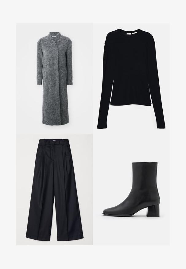 Długi, szary płaszcz z puszystego, teksturowanego materiału. Posiada klapowy kołnierz oraz boczne kieszenie, ma prostą sylwetkę i brak zapięć.; Czarny, długi rękaw top wykonany z miękkiego materiału, z okrągłym dekoltem i luźnym krojem z bocznymi rozcięciami u dołu, zapewniającymi swobodę ruchów.; Czarne spodnie o szerokich nogawkach, wykonane z gładkiego materiału, z wysokim stanem, zakładkami i dopasowanym krojem. Proste czarne elementy metalowe w talii.; Czarne skórzane botki za kostkę z ostrym noskiem i masywnym kwadratowym obcasem. Gładka faktura z bezszwowym designem i minimalnym przeszyciem.