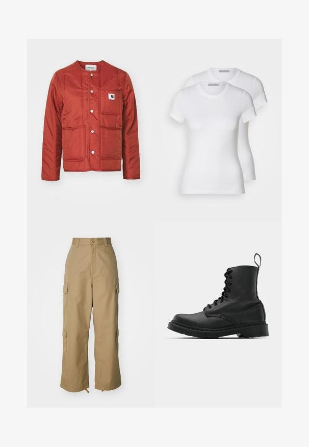 Carhartt WIP KYLA LINER - Mezisezónní bunda - vermillion; Dvě bílé bavlněné trička s krátkým rukávem, kulatým výstřihem a přiléhavým střihem, s hladkou texturou a minimalistickým designem.; Béžové cargo kalhoty s vysokým pasem, širokými nohavicemi a čtyřmi velkými bočními kapsami. Vyrobené z odolné tkaniny s hladkým povrchem a minimálními detaily.; Černá kožená bojová bota s kulatou špičkou, šněrováním vpředu a poutkem na zadní straně u kotníku. Vybavena silnou gumovou podrážkou pro maximální trvanlivost.