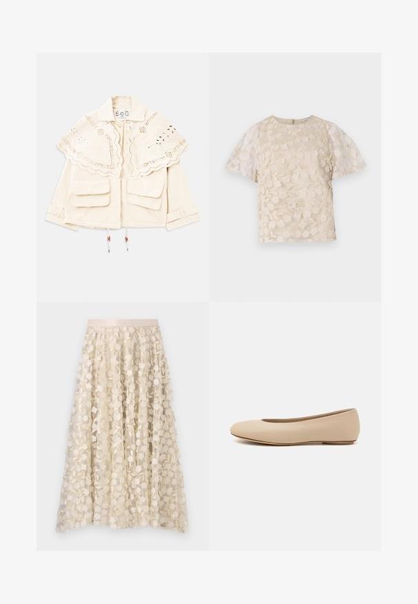 Jachetă crem cu guler capă brodat, cu margini ondulate, două buzunare frontale cu clapetă, închidere cu nasturi și curele ajustabile la mâneci.; Bluză bej cu broderie florală, mâneci puff transparent, guler rotund și închidere cu fermoar la spate. Model floral texturat pe panoul din față.; Broderie florală pe o fustă transparentă, de culoare crem, cu un brâu de satin. Designul include flori mici și delicate, precum și frunze.; Balerini din piele bej, cu vârful rotund, detalii de cusătură minime, toc mic și un logo subtil pe partea din spate. Textură netedă, mată.