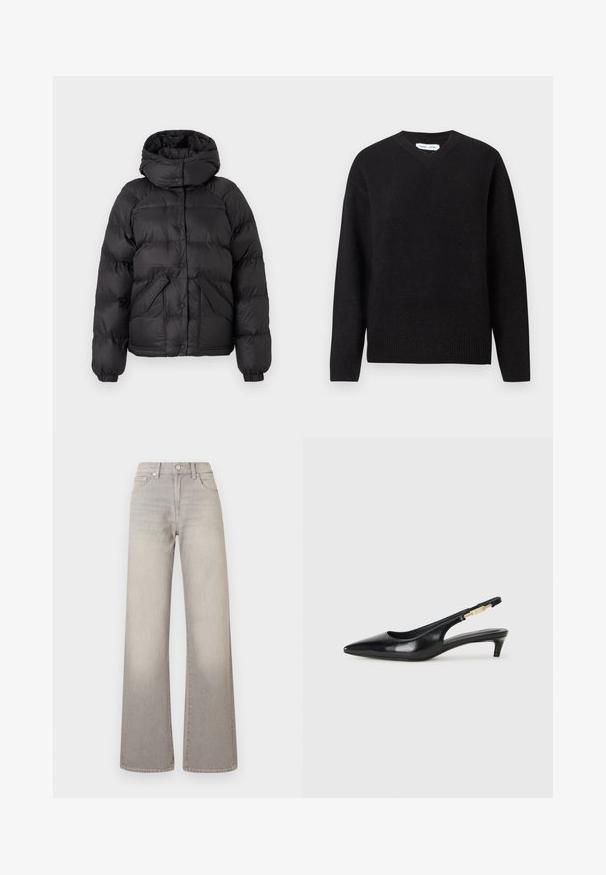 Zwarte pufferjas met een capuchon, voorzien van een gewatteerd ontwerp, drukknoopsluitingen en twee voorzakken. Elastische manchetten en een iets cropped fit.; Zwarte v-hals trui van een zachte wolmix, met lange mouwen en geribbelde manchetten en onderrand. Eenvoudig, klassiek ontwerp zonder patronen of accenten.; Grijze wijde jeans met een vervaagde afwerking, knoopsluiting, vijfzakkenontwerp en gestikte details langs de naden.; Zwarte leren slingback hakken met een spitse neus, voorzien van een slanke hak en een goudkleurige accent op de verstelbare band. Gladde textuur.