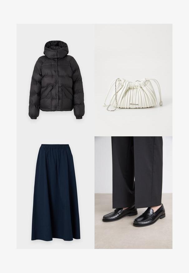 Zwarte pufferjas met een capuchon, voorzien van een gewatteerd ontwerp, drukknoopsluitingen en twee voorzakken. Elastische manchetten en een iets cropped fit.; Grijze V-hals trui gemaakt van zachte wol-mix stof, met lange mouwen en een relaxed fit. Eenvoudig, minimalistisch ontwerp zonder opvallende patronen.; Marineblauwe, lange rok gemaakt van textuurstof met een elastische tailleband en subtiele verticale strepen.; Zwarte leren instappers met een gladde afwerking, gestikte details rond de teen en een lage rubberen zool. Gepaard met brede zwarte broeken.; Witte geplooide handtas gemaakt van zacht materiaal. Voorzien van een trekkoordsluiting, gevlochten handvatten en een accent van zilverkleurig hardware.