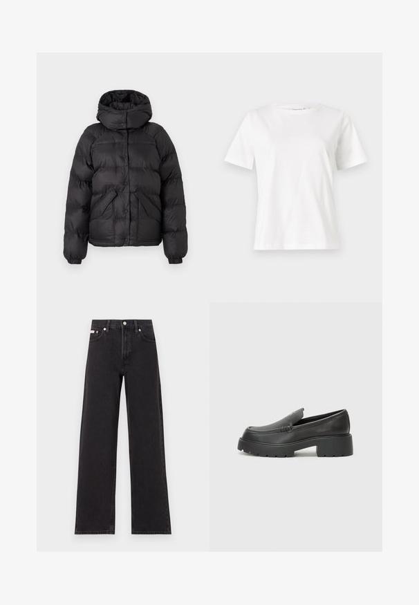 Čierna pufáková bunda s kapucňou, s prešívaným dizajnom, cvokovými gombíkmi a dvoma prednými vreckami. Elastické manžety a mierne skrátený strih.; Biela bavlnená tričko s krátkymi rukávmi, okrúhlym výstrihom a voľným strihom. Hladká textúra, bez vzorov alebo akcentov, minimalistický dizajn.; Čierne široké džínsy vyrobené z denimu, s vysokým pásom, piatimi vreckami a kovovým zapínaním s kontrastným šitím.; Čierne kožené mokasíny s okrúhlou špičkou, hrubou textúrovanou podrážkou a minimom stehovej výzdoby. Štíhly dizajn bez viditeľných šnúr alebo kovania.