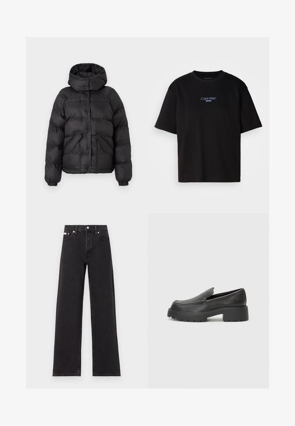 Mustmust hõlmaja, millel on kaalutud disain, nupud ja kaks esikotit. Elastsed mansetid ja kerge lühendatud lõige.; Mustmust särk ümmarguse kaelusega, lühikeste varrukatega ja sinise tikandiga "Calvin Klein JEANS" logo ees.; Mustad laiad mustad teksad, millel on kõrge vöökoht, viie tasku stiil ja metallist nööpkinnitus kontrastsete õmblustega.; Mustad nahast loafers ümarate varvastega, paksu tekstuuriga tald ja minimaalsete õmbluse detailidega. Viimistletud disain, kus pole nähtavaid paelu ega riistu.