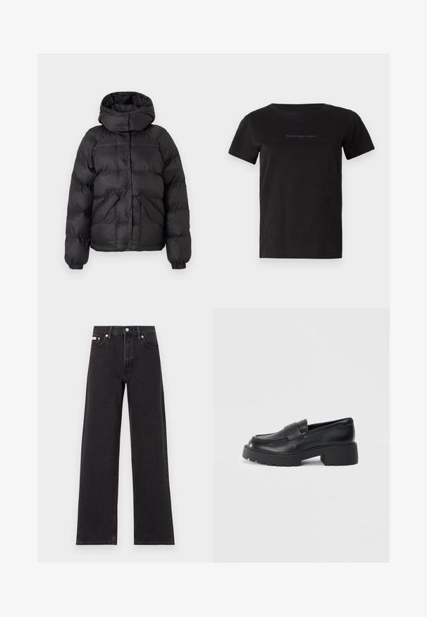 Fekete puffdzseki kapucnival, tűzött mintával, patent gombokkal és két elülső zsebbel. Rugalmas mandzsetták és enyhén cropped fazon.; Fekete pamut póló kerek nyakkivágással és rövid ujjakkal. Diszkrét szürke logó látható a mellkas területén.; Fekete, bőszárú farmernadrág, magas derekú, öt zsebes kialakítással és fém gombos záródással, kontrasztos varrással.; Fekete bőr loaferek, textúrált felülettel, a lábfejen egy téglalap alakú pánttal és vastag, barázdált talpformával.