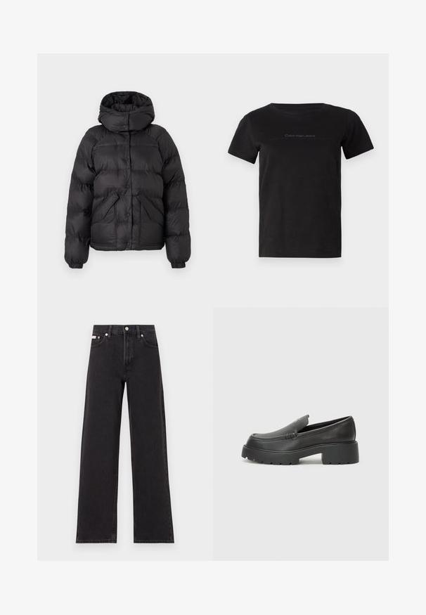 Chaqueta acolchada negra con capucha, que presenta un diseño acolchado, botones a presión y dos bolsillos frontales. Puños elásticos y un ajuste ligeramente cropped.; Camiseta de algodón negra con escote redondo y mangas cortas. Presenta un sutil logo en gris en la zona del pecho.; Jeans anchos de mezclilla negros, con cintura alta, cinco bolsillos y cierre de botón metálico con costuras contrastantes.; Mocasines de piel negra con punta redondeada, suela texturizada gruesa y mínimos detalles de costura. Diseño elegante sin cordones o herrajes visibles.