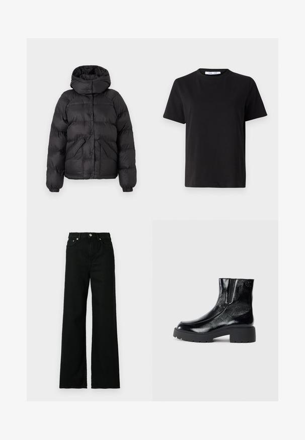 Zwarte pufferjas met een capuchon, voorzien van een gewatteerd ontwerp, drukknoopsluitingen en twee voorzakken. Elastische manchetten en een iets cropped fit.; Zwart T-shirt met korte mouwen, gemaakt van zachte katoen, met een ronde hals, een ontspannen pasvorm en een gladde textuur. Geen zichtbare patronen of opdrukken.; Zwarte denim jeans met een hoge taille, brede pijpen, met een voorknop en ritssluiting, en een klassiek vijf-pocket ontwerp.; Zwarte enkellaarsjes met een glanzende lakleren afwerking, chunky zwarte rubberen zool en verhoogde hak; inclusief subtiele logo-detail aan de zijkant.
