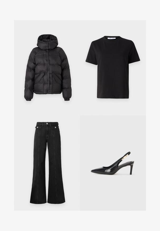 Sort pufferjakke med hætte, der har et quiltet design, trykknapper og to forlommer. Elastiske manchetter og en let cropped pasform.; Sort t-shirt med korte ærmer fremstillet af blødt bomuld, med rund halsudskæring, afslappet pasform og en glat overflade. Ingen synlige mønstre eller grafik.; Sorte denim flared jeans med høj talje, der har to frontlommer, hardware i sølv-tone og synlige sømdetaljer foran.; Sort læder slingback højhælede sko med spidse tæer, glat overflade og en smal ankelrem med guldfarvede hardware detaljer.