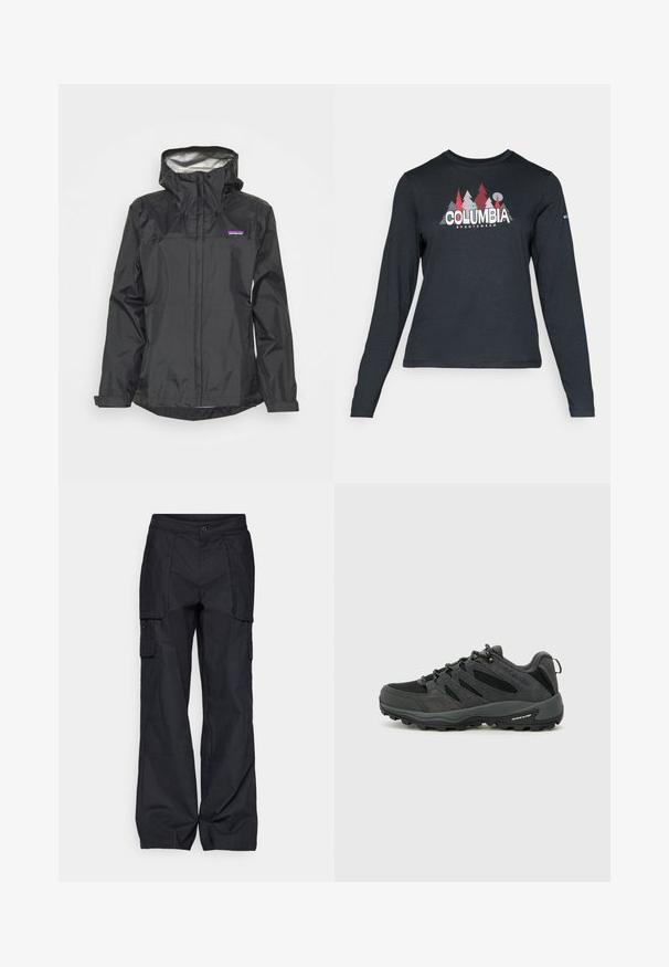 Melns ūdensnecaurlaidīgs mētelis ar kapuci, priekšējo rāvējslēdzēju, auklām un atstarojošu iekšējo odere. Iespējamais neliels logotips krūtīs.; Tumšs pelēks krekls ar garām piedurknēm, ar grafiku, kurā attēloti sarkani koki un kalni; "COLUMBIA" logo treknā baltā tekstā. Mīksta auduma, standarta apaļa kakla izgriezums.; Columbia BREA FALLS™ COTTON RIPSTOP PANT - Āra bikses - black; Columbia REDMOND - Pārgājienu apavi - black/citron haze
