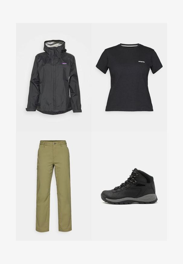 Juodas vandeniui atsparus džemperis su gobtuvu, priekiniais užtrauktukais, raišteliais ir atspindinčia vidine pamušalu. Ant krūtinės srities yra mažas logotipas.; Juodas medvilninis marškinėliai su apvalia iškirpte ir trumpomis rankovėmis. Kairėje krūtinės pusėje yra baltas "Patagonia" logotipas.; Alyvuogių spalvos tiesaus silueto kelnės, pagamintos iš lengvo audinio. Yra sagos užsegimas ir dvi priekinės kišenės.; Juodas žygio botas su vidutinio aukščio dizainu, pasižymintis tekstūruota viršutine dalimi, pilkų akcentų ir patvaria guma padanga su sukibimo gumbais.
