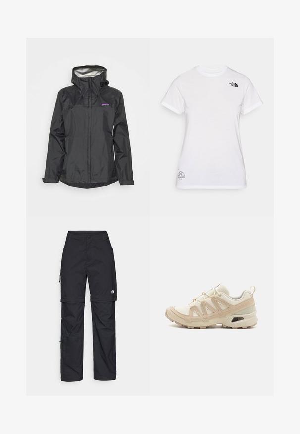 Sort vandtæt jakke med hætte, frontlynlås, snore og en reflekterende inderside. Har et lille logo på brystområdet.; Hvid bomulds t-shirt med et sort logo på venstre bryst og et gråt grafisk design nederst til højre. Klassisk rund hals og korte ærmer.; Sorte nylon cargo bukser med lynlås, justerbare manchetter, flere lommer og et logo på højre ben. Glat, let tekstur.; Beige og creme atletiksko med struktureret mesh-overdel, støttende overlays og gummiyderside med et mønster for trækkraft.
