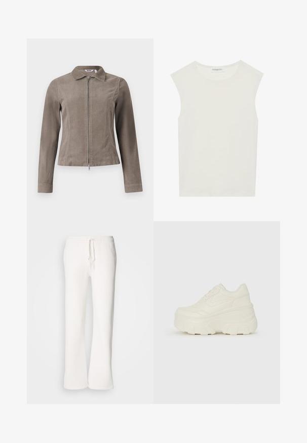 Pruunist kordurooist jakker, millel on krae ja esitõmblus. Omab pikka varrukat ja kohandatud lõiget, näidates tekstuurset pinda.; Valge ilma varrukateta topp ümmarguse kaelusega. Valmistatud siledast kangast, sellel on mugav lõige ja minimalistlik disain. Ei ole mustreid ega aksessuaare.; Valged, mugavad spordipüksid, mis on valmistatud pehmest kangast, elastse talje ja nööridega, sirgete jalgadega disainiga.; Valged platvormi tõusukingad, millel on siledast nahast meenutav pealis, ümar kuju, pehmendatud kaelus ja tekstureeritud kummitald koos selgete hüdrofoobsete mustritega.