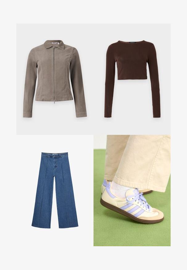Hnědá kordurová bunda s límcem a předním zipem. Má dlouhé rukávy a přiléhavý střih, který ukazuje texturovaný povrch.; Hnědý dlouhý rukáv cropped top vyrobený z hladkého materiálu, s kulatým výstřihem a přiléhavým střihem. Bez viditelných vzorů nebo akcentů.; Džíny s širokými nohavicemi v středně modré barvě, se zvýšeným pasem, knoflíkovým zapínáním a kontrastními vertikálními švy vpředu.; Krémové a levandulové tenisky se třemi pruhy a texturovanou hnědou podrážkou, vybavené tkaničkami a polstrovanou patou. Měkký textilní svršek.