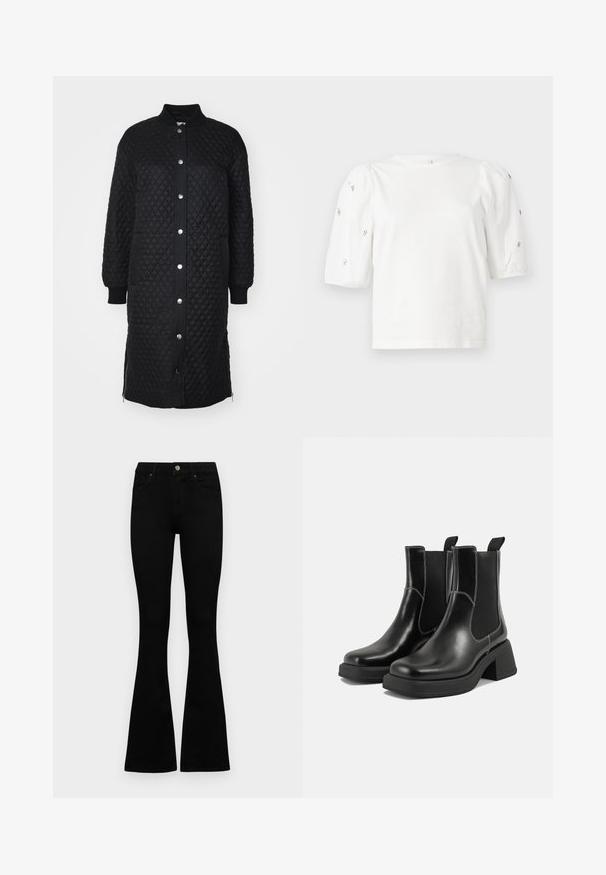 Juodas siūtas ilgas paltas su užtrauktuku, spaudėmis, glotniais rankogaliais, šoninėmis kišenėmis ir deimanto rašto tekstūra.; Balta medvilnės marškinėliai trumpomis pūstomis rankovėmis, papuošti mažomis sidabrinėmis detalėmis ant rankovių. Klasikinis apvalus iškirpimas, laisvas siluetas.; Juodos aukšto liemens džinsai su mygtuku ir užtrauktuku, priekinėmis kišenėmis ir platėjančiomis kojomis, išdėstyti ant baltos fono.; Juodos odinės Chelsea botai su storiu kulnu, elastinėmis šoninėmis panelėmis ir kontrastinga balta siūle. Tekstūruota apdaila.