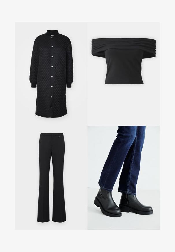 Czarna pikowana długa kurtka z zamkiem błyskawicznym, napami, ściągaczami przy mankietach, kieszeniami bocznymi oraz teksturą w diamentowy wzór.; Czarny top bez ramiączek z marszczonym wykończeniem przy dekolcie, krótkimi rękawami i dopasowanym krojem. Wykonany z elastycznego materiału.; Czarne spódnice dzwony z gładkiego materiału. Średni stan z szlufkami na pasek, gładki przód i mały złoty akcent blisko pasa.; Czarne skórzane botki za kostkę z grubą podeszwą oraz bocznymi elastycznymi panelami, w zestawieniu z ciemnoniebieskimi dżinsami. Podłoże jest jasne.