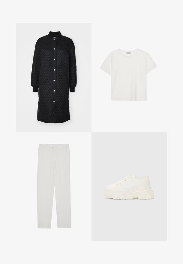 Mustpitchid pikk mantel, millel on lukuga esikülg, pealevähendavad nupud, soonikkoes varrukad, küljetaskud ja teemantmustriga tekstuur.; Valge lühikeste varrukatega t-särk, mis on valmistatud pehmest puuvillast. Omab ümmargust kaelust ja mugavat lõiget. Puhtad jooned, ilma nähtavate mustrite või aktsentideta.; Valged kohandatud püksid sirge lõikega, varustatud nupuga kinnitusega, vöödega ja küljetaskutega; sile kangatekstuur.; Valge kangast tennis, millel on paks tald, ümar varvas ja viis augukeed lakkide jaoks. Tagumine silt lihtsaks jalga panemiseks. Sile tekstuur, minimalistik disain.
