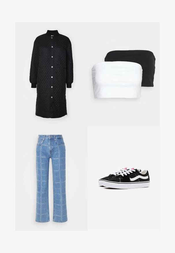 Melns, kvadrātveida izšūts garais mētelis ar rāvējslēdzēju priekšā, spiedpogām, ribas tipa aprocēm, sānu kabatām un dimanta raksta tekstūru.; Divi bezpiedurkļu topi, krāsās melnā un baltā, izgatavoti no stiepjama kokvilnas auduma. Gluda tekstūra ar vienkāršu dizainu un bez redzamām šuvēm.; Gai zilo denimu bikses ar taisnu kāju griezumu, ar sudraba kniedēm izveidotu režģa rakstu un klasisku piecu kabatu dizainu.; Melnas zamšādas sporta apavi ar baltām šņorēm, ar izteiksmīgu baltu sānu joslu un melnu gumijas zoli, izceļoties ar kontrastējošām dūrienu detaļām.