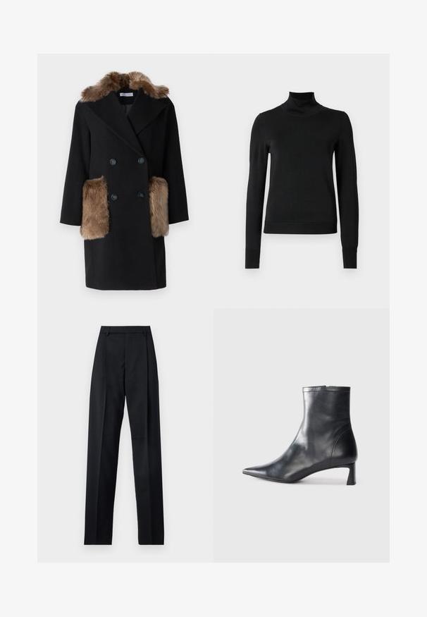 Must have villane kellaga, millel on pruun valejäär ja küljetaskud. Topelt-nööpide disain kahe tumeda nupuga. Struktureeritud siluett.; Mustmusterta mustaga pikkade varrukatega kõrge kaelusega sviiter, millel on ribakudumisega mansetid ja äär, esitatud lihtsal valgel taustal.; Mustad püksid siledast kangast, millel on kõrge vöökoht, laiad jalad, esimesed kortsud ja klassikalised vööloopid. Küljepockets pole nähtavad.; Mustad mustall nahkasaabas terava nina ja stiilse disainiga. Omab madalat konts ja luku sulgemist taga. Sile tekstuur.