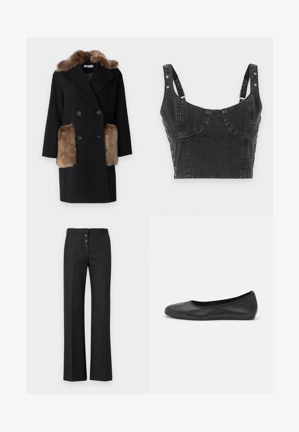 Fekete gyapjú kabát barna műszőrme gallérral és oldalsó zsebekkel. Kétsoros gombolású kialakítás, két sötét gombbal. Strukturált sziluett.; Ksubi DAUPHINE BUSTIER SHADOW - Felső - black; The Kooples PANTALON - Nadrágok - black; Fekete bőr balettcipő lekerekített orral, sima tekstúrával, minimális varrással és rugalmas talp kialakítással.