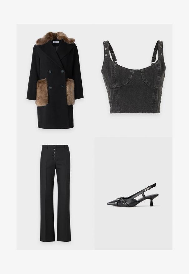 Černý vlněný kabát s hnědým kožíškem a bočními kapsami. Dvoubarevný design se dvěma tmavými knoflíky. Sštíhlý silueta.; Ksubi DAUPHINE BUSTIER SHADOW - Top - black; The Kooples PANTALON - Kalhoty - black; Černé kožené slingback boty s špičatou špičkou, dekorativními pásky s kovovými očky a nízkým blokovým podpatkem. Texturovaný povrch.