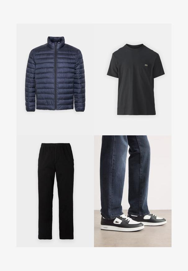 Calvin Klein SIDE LOGO JACKET - Casaco leve - navy; Camiseta de algodão preta com mangas curtas, decote redondo e um pequeno logo verde no bolso do peito esquerdo. Design simples, corte regular.; Calças pretas feitas de um tecido de algodão misto, com corte reto, cintura elástica com botão e sem padrões ou detalhes visíveis.; Sneakers Lacoste em preto e branco com parte superior em couro texturizado, apresentando um design com atacadores e uma sola de borracha branca. Usadas com jeans escuros.