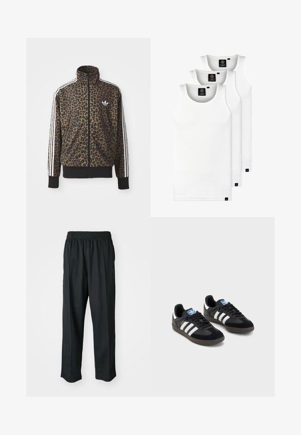 Kabát se zipem s leopardím potiskem v hnědé a černé barvě, s bílými trojpruhy na rukávech a černým ribovým lemem. Klasické logo Adidas.; Tři bílé žebrované tílka vyrobené z bavlny. Mají kulatý výstřih a malé černé štítky poblíž lemu. Dostupné v několika velikostech.; Černé sportovní kalhoty s elastickým pasem, vyrobené z hladké látky, s jemným bočním švem a pohodlným střihem, rovný střih nohavic.; Černé tenisky s vrškem z semiše a syntetického materiálu, s třemi bílými pruhy, texturovanou gumovou podrážkou a modrou nášivkou loga na jazyku.