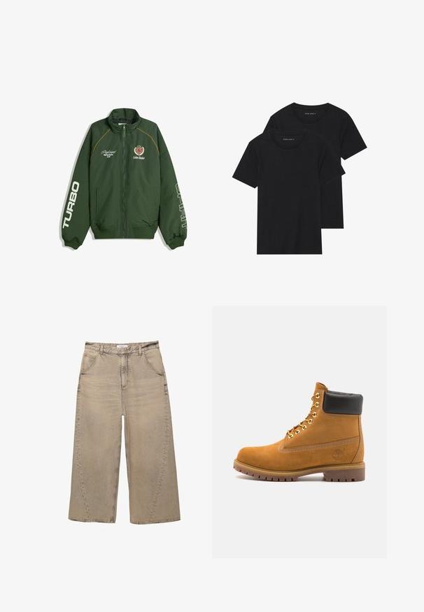 Zelená bombrová bunda so zipsom na prednej strane, rebrovanými manžetami a spodným lemom. Text na rukávoch: "TURBO" a "SPIRIT." Logá na hrudi v žltej a červenej farbe.; Dvoje čiernych bavlnených tričiek s krátkymi rukávmi, okrúhlym výstrihom a hladkou textúrou, vystavených naskladaných spolu.; PULL&BEAR MEGA BAGGY - Džínsy baggy - light grey; Tyrkysové semišové členkové topánky s čiernym polstrovaným golierom, zlatými kovovými očkami, bielym prešívaním a robustnou gumovou podrážkou s výraznými drážkami.