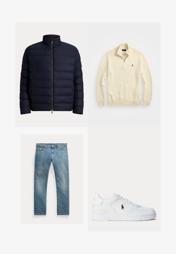 Casaco acolchoado azul-marinho com gola alta, fecho frontal completo e design acolchoado. Confeccionado em tecido macio e isolante para manter o calor.; Sweater creme com fecho éclair, feito de tecido tricotado, com um colarinho e bainha canelados, e um pequeno logótipo bordado em azul escuro no peito.; Jeans de denim azul claro com corte reto, fecho de botão, cinco bolsos, desbotamento subtil epontos de costura.; Sapatilha atlética branca com parte superior em couro texturizado, biqueira redonda, atacadores planos e um logótipo preto na lateral. Sola de borracha com padrão de tração.