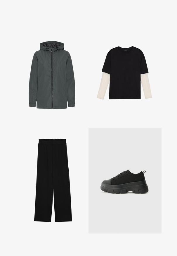 Tamsiai pilkos spalvos gobtuvu užsegama striukė, pagaminta iš lygaus audinio. Yra priekinis užtrauktukas, elastingi rankogaliai ir šoniniai kišenės funkcionalumui.; Juodas medvilninis marškinėliai su trumpomis rankovėmis, virš baltos ilgo rankovio sluoksnio, turinčio subtilų tekstūrinį raštą. Apvalus iškirpimas.; Juodi platūs kelnes su volaniniu juosmeniu, turinčiu dvi šonines kišenes ir glotnią, lengvą medžiagą. Nėra matomų raštų ar detalių.; Juodos sportinės bateliai su stambiu guminiais padu, tekstūrizuotu audinio viršumi, apvaliu pirštu ir raištelių uždarymu. Yra sutvirtinti akių angos ir nugaros kilputė.