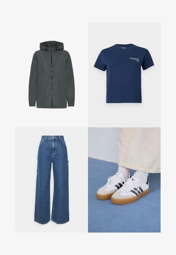 Kapucna jakna v temno sivi barvi, izdelana iz gladkega materiala. Ima sprednji zadrgo, elastične manšete in stranske žepe za funkcionalnost.; T-maica iz temno modrega bombaža s kratkimi rokavi, okroglim izrezom in belim logotipom tiskanim na sprednji levi strani. Preprost dizajn, gladka tekstura.; Široke modre denim hlače z visokim pasom, kontrastnim šivom in stranskimi žepi, ki vključujejo klasičen pet-džepni dizajn in robove brez obdelave.; Bele tene škornje s črnimi črtami in bež usnjenimi detajli. Imajo teksturirano gumijasto podplat in ravne bele vezalke, nosijo se z svetlimi nogavicami.