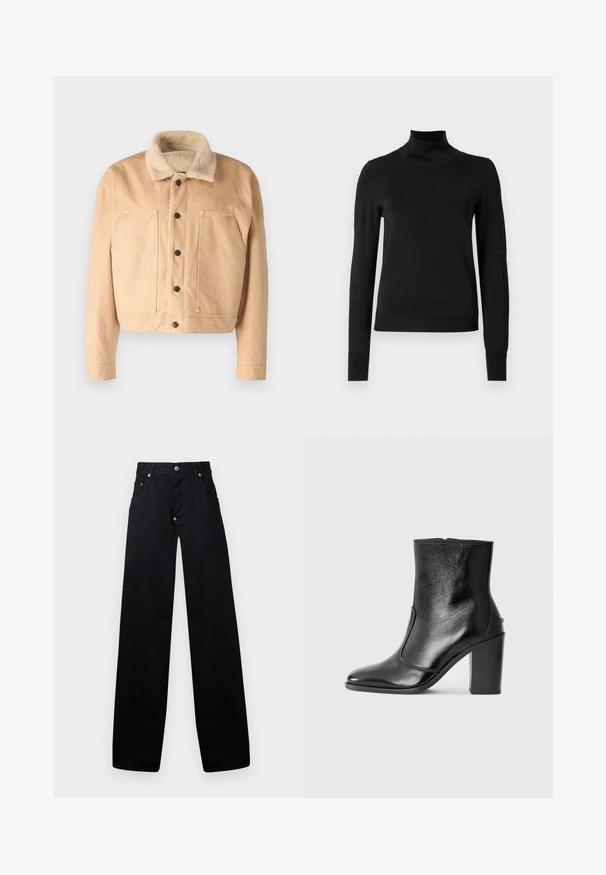 Beige denim jack met een zachte schapenvacht kraag, voorknopen en twee grote borstzakken. Heeft een cropped lengte en gestikte details.; Zwarte trui met lange mouwen en col, voorzien van geribde manchetten en zoom, weergegeven op een effen witte achtergrond.; Zwarte wijde broek van katoen, voorzien van een rits, twee voorkruiszakken en een klassiek vijf-pocketontwerp met metalen hardware accenten.; Zwarte leren enkelboot met een gladde textuur, spitse neus en een gedurfde hoge hak. Beschikt over een zijopening en een minimalistisch ontwerp.