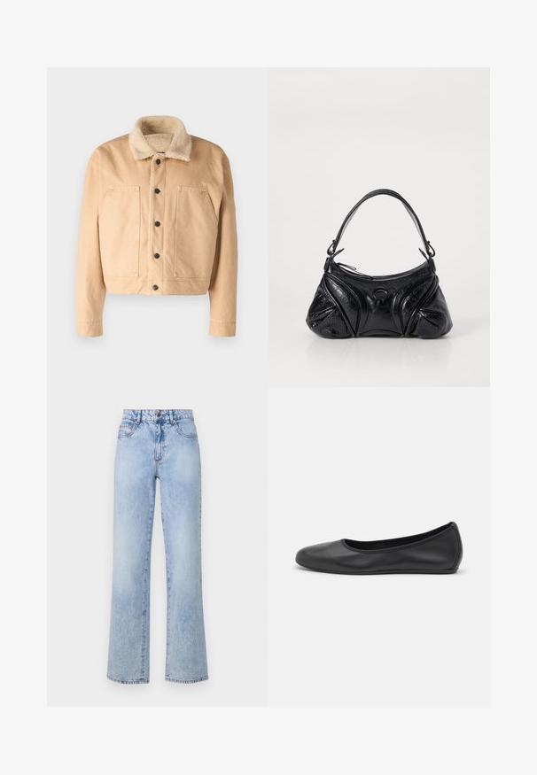 Chaqueta de mezclilla beige con un suave cuello de borreguillo, botones frontales y dos grandes bolsillos en el pecho. Presenta un corte corto y detalles de costura.; Camisa blanca de manga larga y cuello hecha de algodón. Presenta un cierre de botones en la parte delantera y un bolsillo en el pecho. Textura suave, ajuste relajado.; Jeans de cintura alta en azul claro con pierna recta, que presentan una textura de denim desgastado, detalles de costura roja y un diseño clásico de cinco bolsillos.; Bailarina de piel negra con punta redondeada, textura suave, detalle de costura minimalista y diseño de suela flexible.; Bolso negro de piel texturizada con forma redondeada. Cuenta con una fina correa para el hombro y patrones decorativos en relieve.
