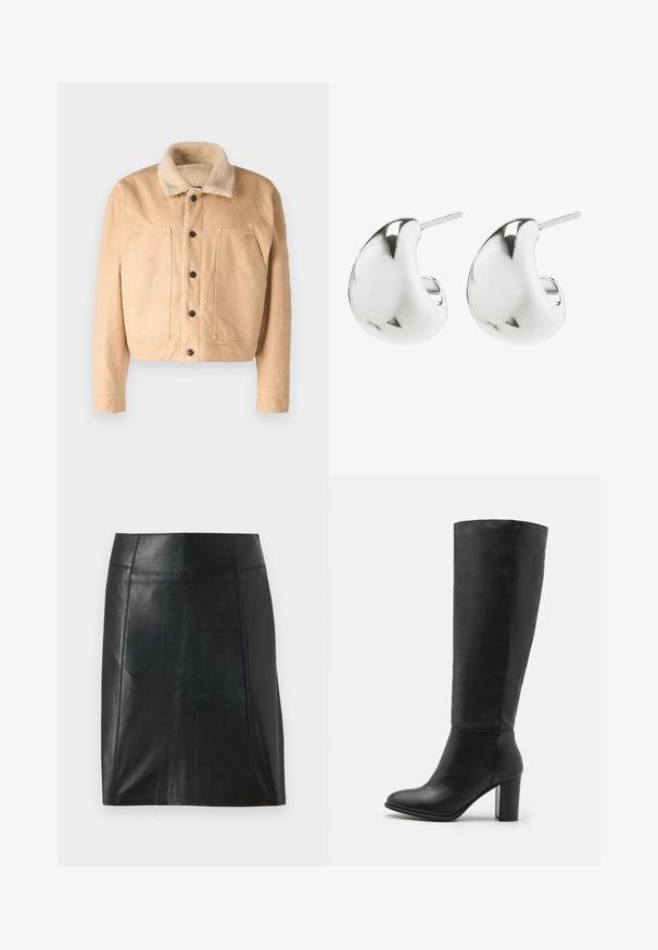 Beige denimjakke med en blød shearlingkrave, frontknapper og to store brystlommer. Har en cropped længde og syet detaljer.; Stof med sorte prikker på en lys beige baggrund. Designet har jævnt fordelt, solide cirkler på en glat tekstur.; Sort lædernederdel med en tætsiddende pasform. Glat tekstur, sømme der fremhæver formen, og en lige kant. Minimalistisk og strømlinet udseende.; Sorte knæhøje støvler lavet af glat læder, med en kraftig hæl og rund tå. Minimalistisk design uden synligt hardware eller dekorationer.; Sølv stud øreringe med et glat, buet design. De har en poleret overflade og en stift, der sikrer sikker bæring.
