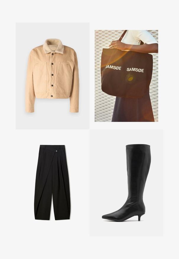 Beige denimjakke med en blød shearlingkrave, frontknapper og to store brystlommer. Har en cropped længde og syet detaljer.; Sort cropped top med korte capærmer, rund halsudskæring og glat stoftekstur, prydet med et enkelt design uden mønstre eller udsmykninger.; Sorte brede bukser lavet af glat stof, med frontfolder, knaplukning og skræddersyet design for en struktureret silhuet.; RAID ALPINE - Høje støvler/ Støvler - black; Sort tote bag lavet af canvas, med hvid tekst "SAM SøE" trykt på begge sider. Firkantet form med robuste håndtag og en mat finish.