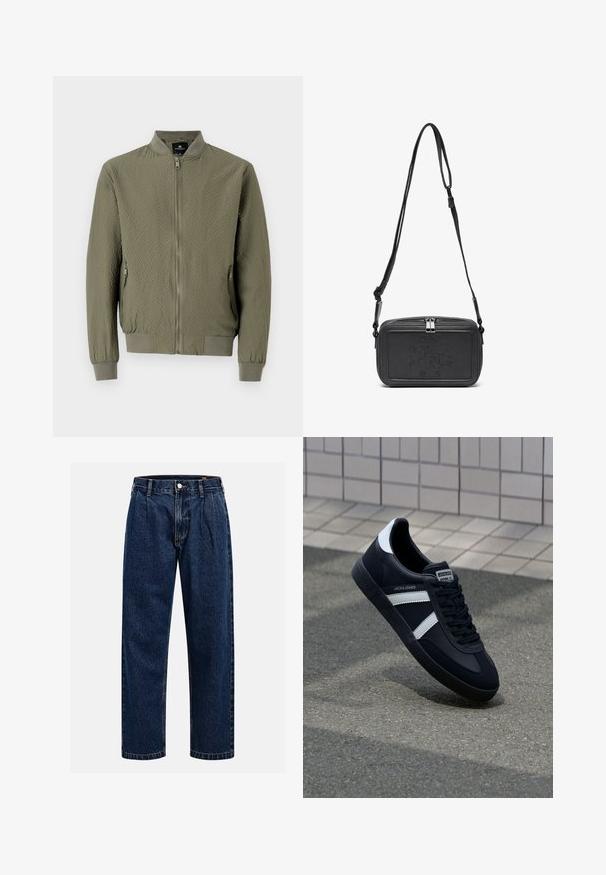 Olivově zelená bomber bunda s texturovaným povrchem, žebrovanými manžetami a límcem a předním zipem. Obsahuje dvě boční kapsy.; Krémové bavlněné tričko s krátkými rukávy a kulatým výstřihem. Obsahuje grafický potisk v modré a červené barvě s textem a motivem.; Tmavě modré džíny s rovnými nohavicemi. Mají viditelné švy, zapínání na knoflík a přední záhyby pro zvýraznění detailu.; Černé kožené tenisky s bílými pruhy, texturovanou gumovou podrážkou a šněrováním vpředu. Obsahují značenou etiketu na jazyku.; Černá kožená taška přes rameno s uzávěrem na zip, vyraženým logem na přední straně a nastavitelným popruhem. Hladký povrch s obdélníkovým tvarem.