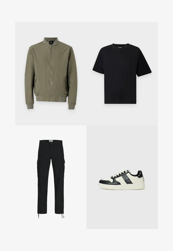 Olivinės spalvos bomber tipo striukė su tekstūruota paviršiumi, raukšlėmis rankogaliais ir apykakle, bei priekyje užeigimu su užtrauktuku. Pasižymi dviem šoninėmis kišenėmis.; Juodas trumpas rankovėmis T-marškiniai su apvaliu kaklu, atsipalaidavusio silueto, pristatyti ant baltos fono.; Juodos krovinių kelnės su tiesiu kirpimu, turinčios šonines kišenes, sagų užsegimą ir elastingas raišteles kulkšnose. Pagamintos iš tvirto audinio.; Odiniai sportbačiai juodos ir kreminės spalvų schemoje, su perforuotais akcentais, paminkštinta apykakle ir tekstūruotu padu.